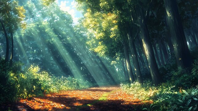 Beams of sunlight shining down through a dense forest canopy, illuminating a path through the trees lined with fallen leaves and rich green moss 