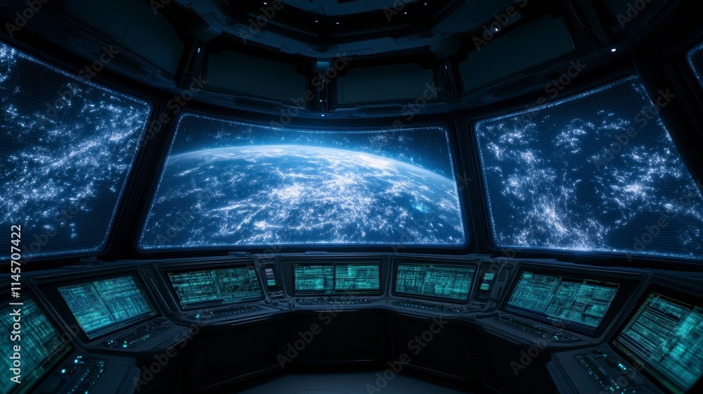 Poster a futuristic control room with multiple screens displaying earth from space, showcasing advanced tec