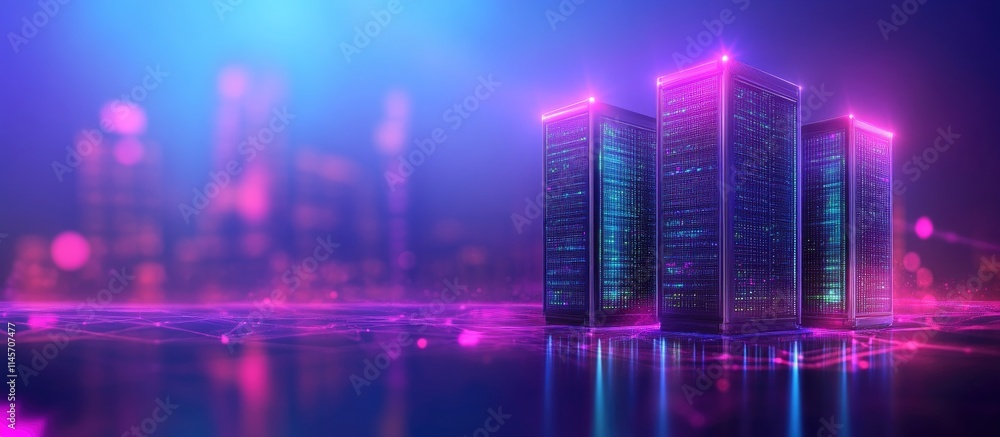 Poster high performance server towers with glowing neon lights representing stability and scalability for i