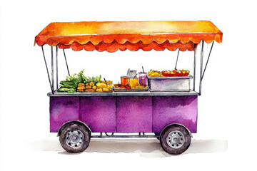 Vibrant watercolor of street food cart with fresh produce, isolated design on white background
