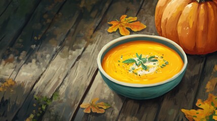Butternut squash soup garnished with herbs and sea salt served in a bowl with a pumpkin on a rustic wooden background.