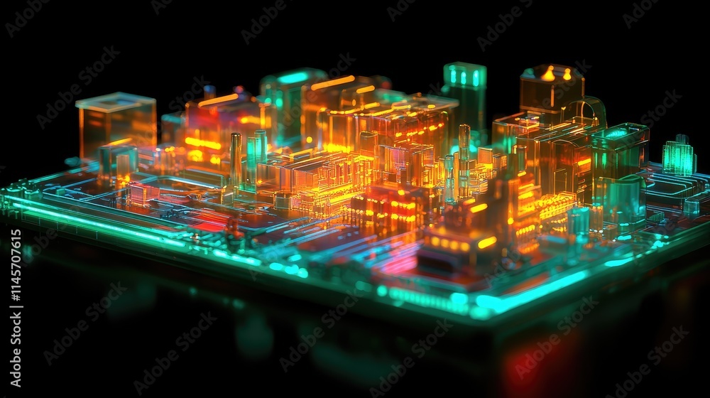 Poster a high-resolution 3d model of a next-gen microchip designed for ai, showcasing its layered architect