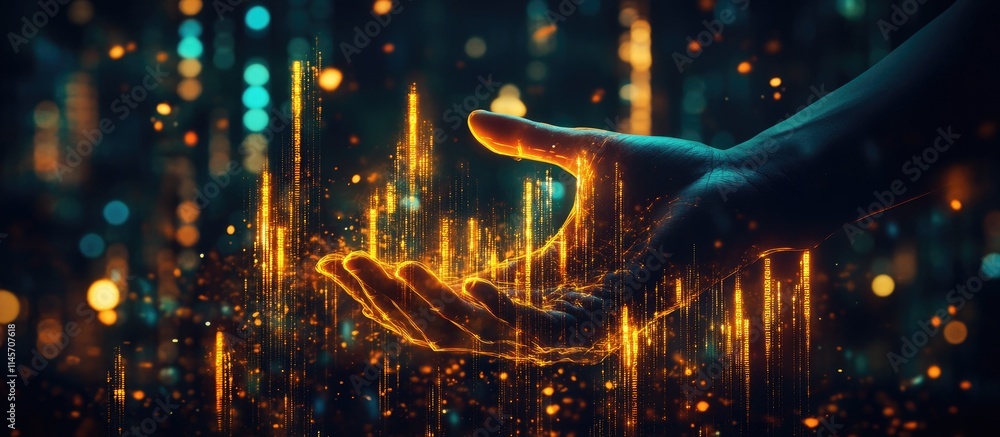 Poster double exposure of hands interacting with digital elements representing financial growth and technol
