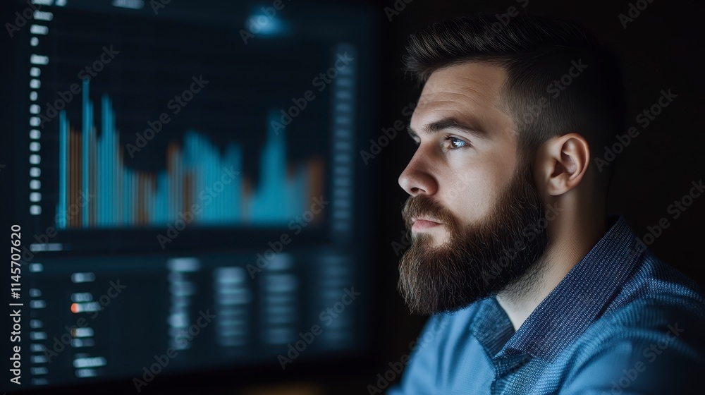 Poster a focused man analyzes data on a screen, showcasing graphs and charts in a dimly lit environment, em