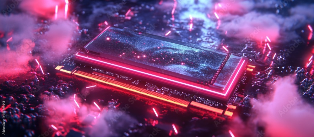 Poster futuristic computer graphics card illuminated by neon lights on dark reflective surface showcasing v