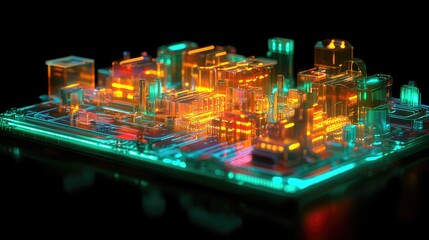 Obraz premium A high-resolution 3D model of a next-gen microchip designed for AI, showcasing its layered architecture and glowing circuits