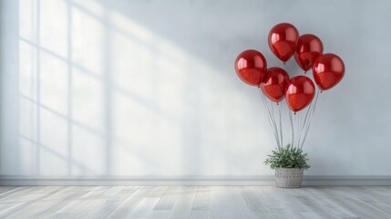 Fototapeta premium Bright Red Heart Balloons in Soft Natural Light Decor Setting
