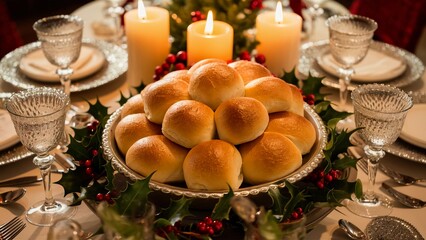 Christmas dinner table golden buttery rolls sparkling glassware silver cutlery holly accents festive decor
