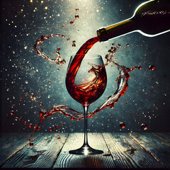 A glass of red wine being poured, with the wine splashing and creating an abstract pattern against a dark background, wine glass, celebration party concept