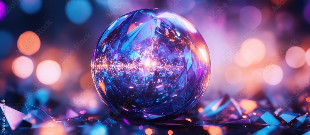 Poster glowing multicolored sphere on a reflective surface showcasing vibrant light and artistic elements i