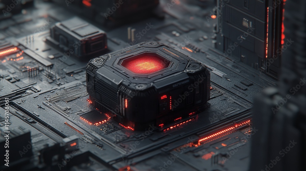 Poster a dark metallic cube with a glowing red core sits on a complex circuit board. intricate details and 