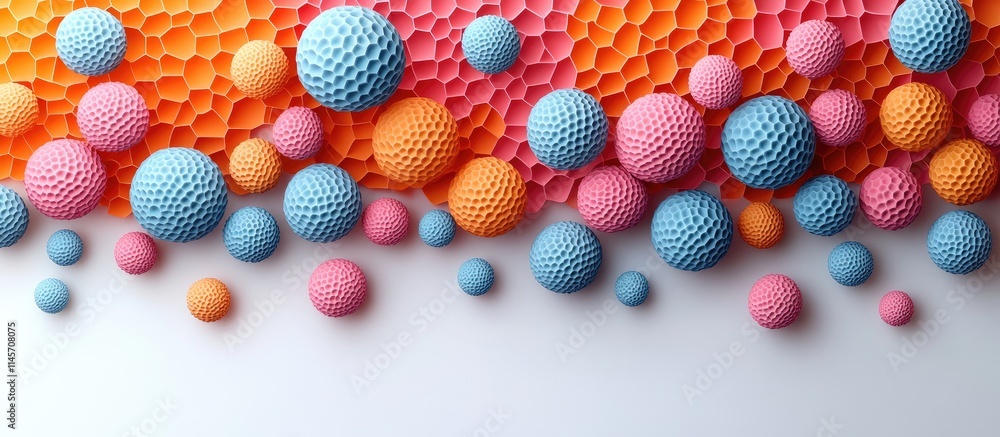 Poster colorful honeycomb balls in vibrant patterns with ample copy space for text on a clean white backgro