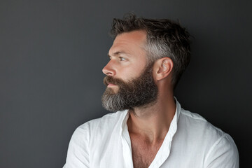 Fototapeta premium Photo of a handsome man with a beard, wearing a white shirt, in side view, isolated on a grey background with copy space