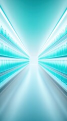 A long aisle of shelves with bottles of blue liquid