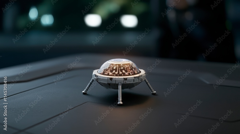 Poster a futuristic, metallic object with a dome shape rests on a dark surface, illuminated from within, su