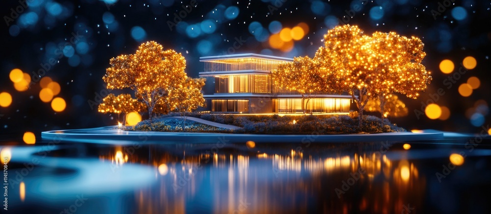 Poster architectural rendering of a modern house surrounded by illuminated trees reflecting on water with a