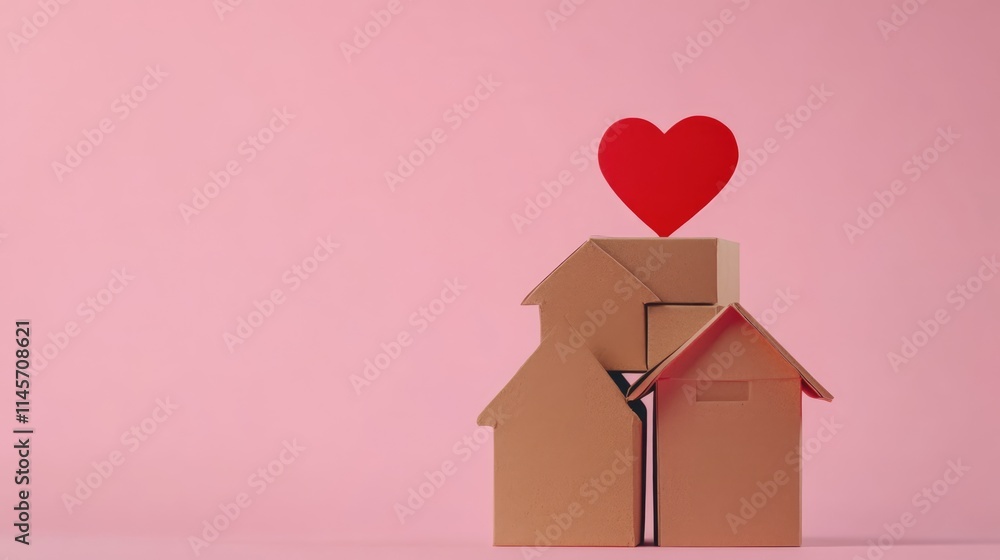 Poster heart shaped red paper on a stack of boxes representing home concept with pink background and space 