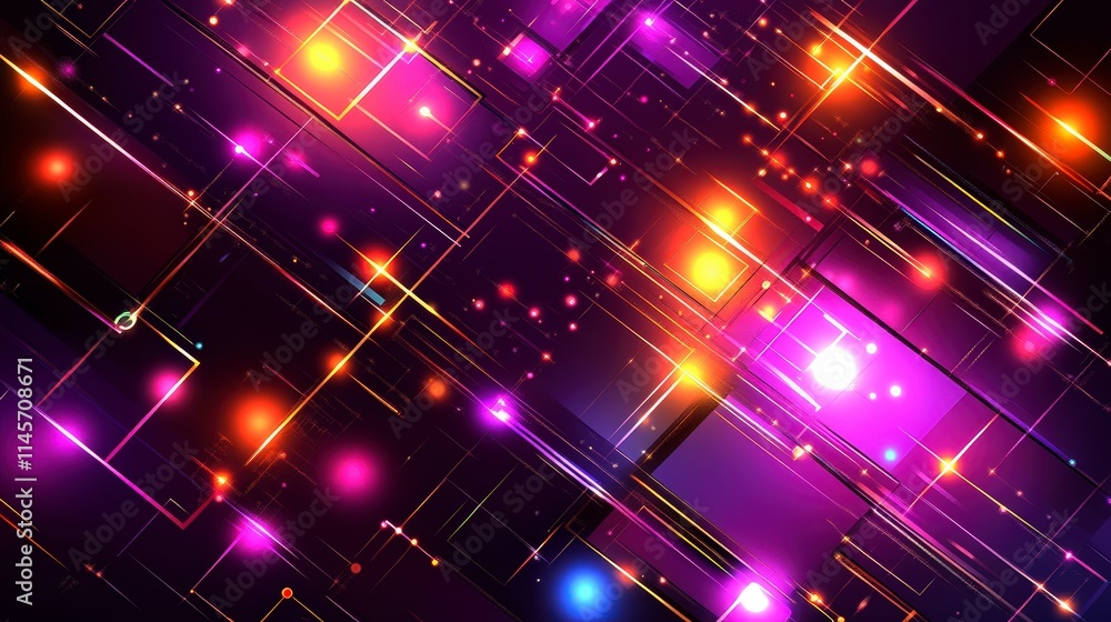 Poster vivid neon geometric lines and glowing squares intersect creating a dynamic futuristic backdrop with