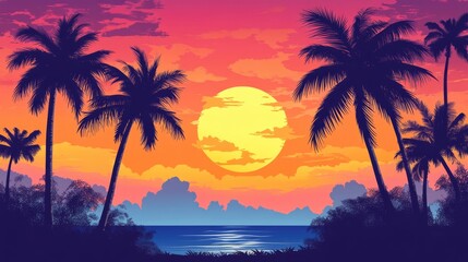 Obraz premium Vibrant sunset with silhouetted palm trees creating a tropical paradise atmosphere against a colorful sky and calm ocean backdrop