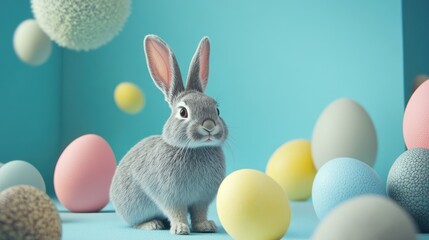 Creative Easter scene featuring a cute rabbit surrounded by pastel colored eggs on a bright turquoise background