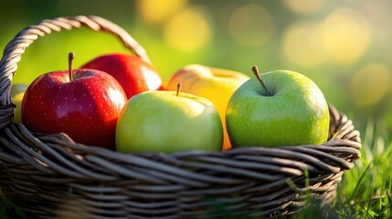 A wicker basket filled with red, green, and yellow apples sits in a sunny field.