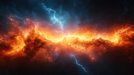 Fototapeta premium Abstract clouds and lightning clash in space, a cosmic storm background for wallpaper or graphic design, depicting the power of electricity in the universe.