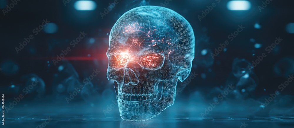 Poster cybersecurity concept featuring a digital skull in a high-tech environment symbolizing hacking phish