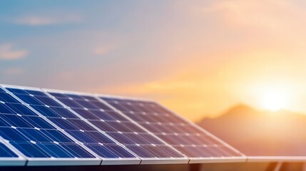 Solar panels basking in the golden glow of a sunset, symbolizing renewable energy and sustainability in modern technology.