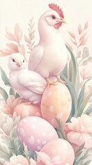A white chicken sits on top of an egg with a pink background