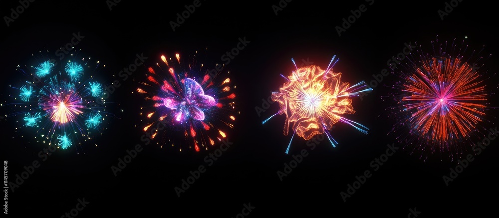 Poster vibrant fireworks bursting in various colors against a dark backdrop creating a stunning visual spec