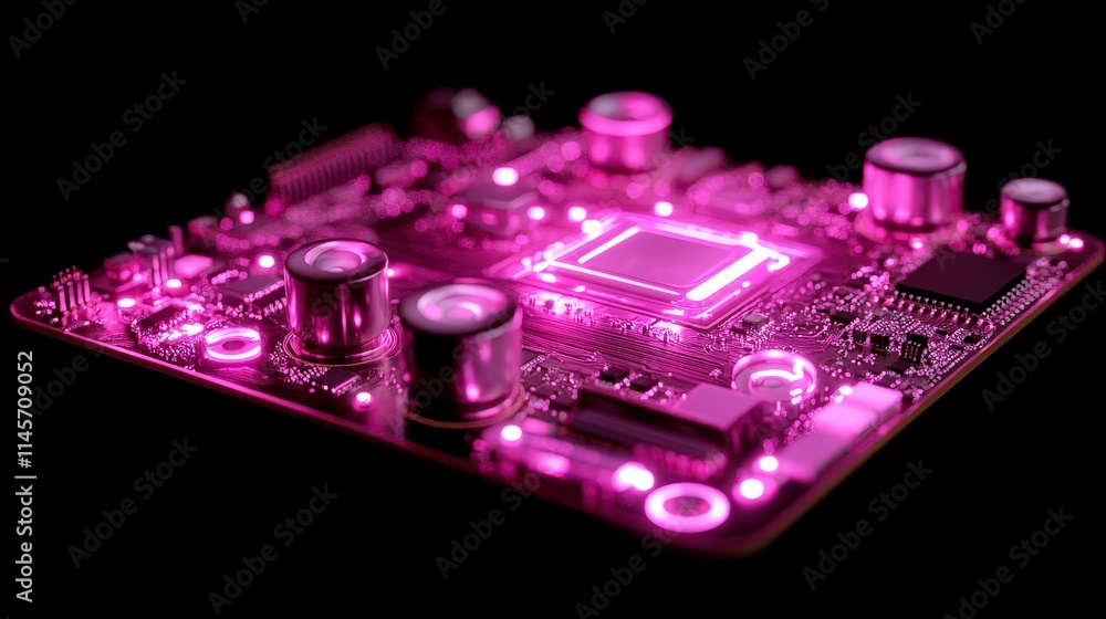Poster a close-up of a circuit board bathed in vibrant pink light. the central processing unit and other co