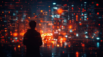 Abstract code at night with a hacker reading programming language represents phishing, cybersecurity, information technology, ransomware, cloud computing, and innovation.