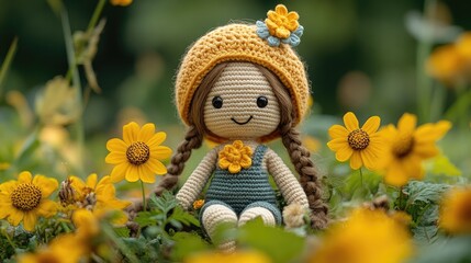 Handmade Crochet Doll Surrounded by Bright Yellow Flowers in a Lush Garden Setting