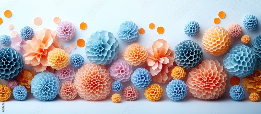 Poster colorful honeycomb balls and paper flowers creating a vibrant border design on a white background wi
