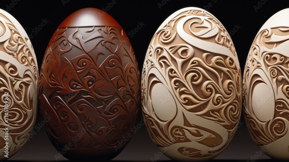 Poster decorative and artistic eggs with intricate patterns and textures displayed against a dark backgroun