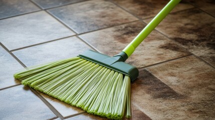 Bright Green Broom on Tiled Floor for Cleaning and Maintenance Use