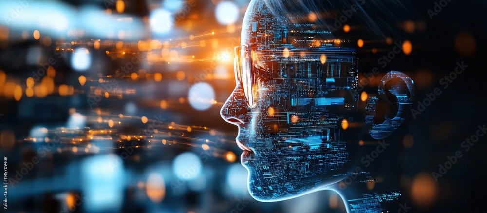 Poster futuristic digital profile of a woman with technology elements representing ai and innovation in a c