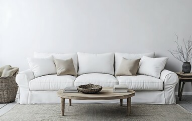 Minimalist living room interior with white sofa, wooden coffee table, and neutral decor.