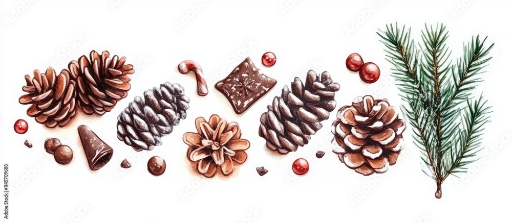 Poster assorted chocolate christmas cookies and pine cones with evergreen branch isolated on white backgrou