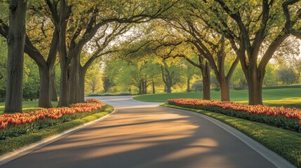 Serene Tree-Lined Road with Vibrant Tulips at Sunrise