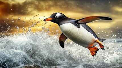 Fototapeta premium Penguin Leaping Through Waves at Sunset Over Ocean Surface
