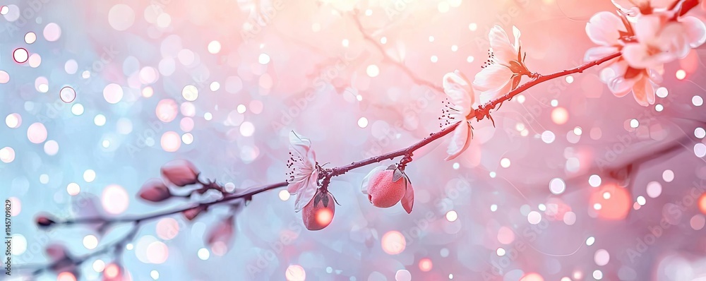 Poster peach tree abstract background idea. delicate cherry blossom branch with soft colors and gentle boke