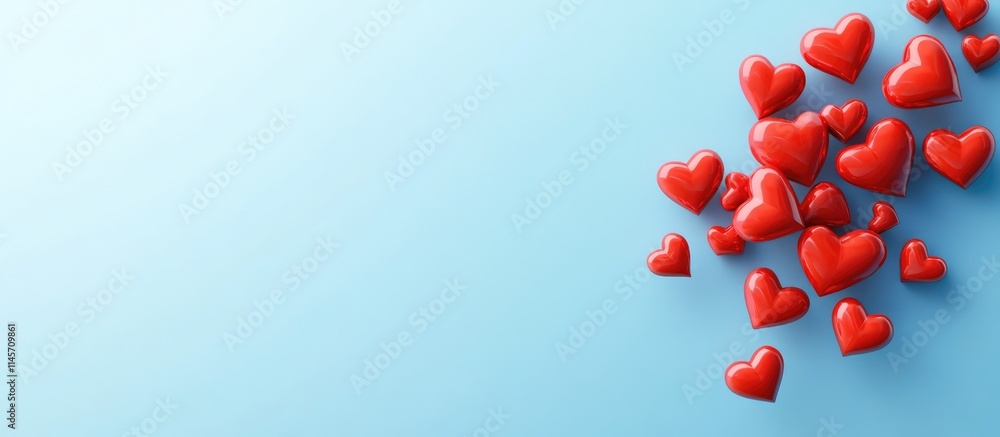 Poster red heart shapes scattered on a soft blue background symbolizing love and affection in a minimalisti