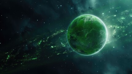 Fototapeta premium Vibrant green planet with a textured surface set against a cosmic backdrop of stars and nebulous colors in deep space.