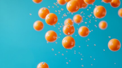 3d render illustration for advertising. Falling orange balls in the blue background. 