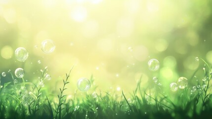 Obraz premium Serene blurred natural backdrop featuring delicate soap bubbles floating above lush green grass. Perfect for nature-themed designs.