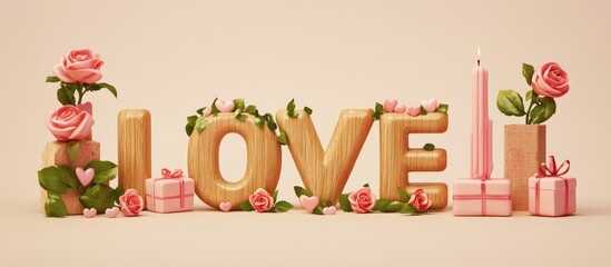 Fototapeta premium Valentine's Day card design featuring wooden letters spelling love adorned with pink roses candle holders and gift boxes on a soft background