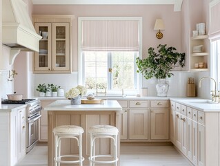 Fototapeta premium Elegant Light Kitchen Island With Beige Cabinets And Stools