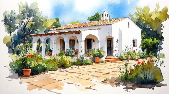 Mediterranean Watercolor House: A Serene Villa