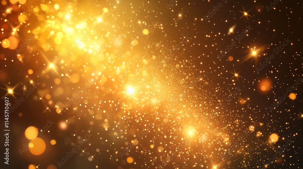 Poster cosmic background with luminous golden stardust and sparkling stars creating a magical galaxy atmosp